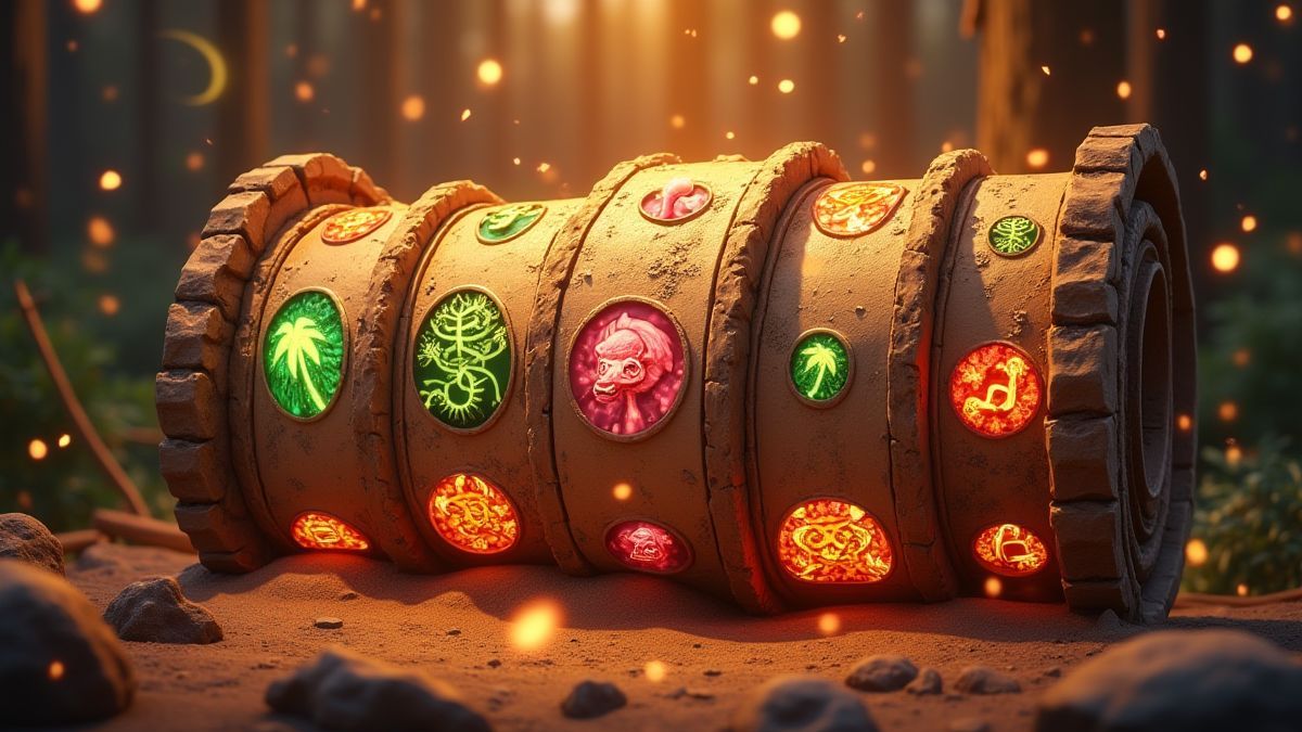 Cascading symbols on slot reels in a prehistoric landscape.