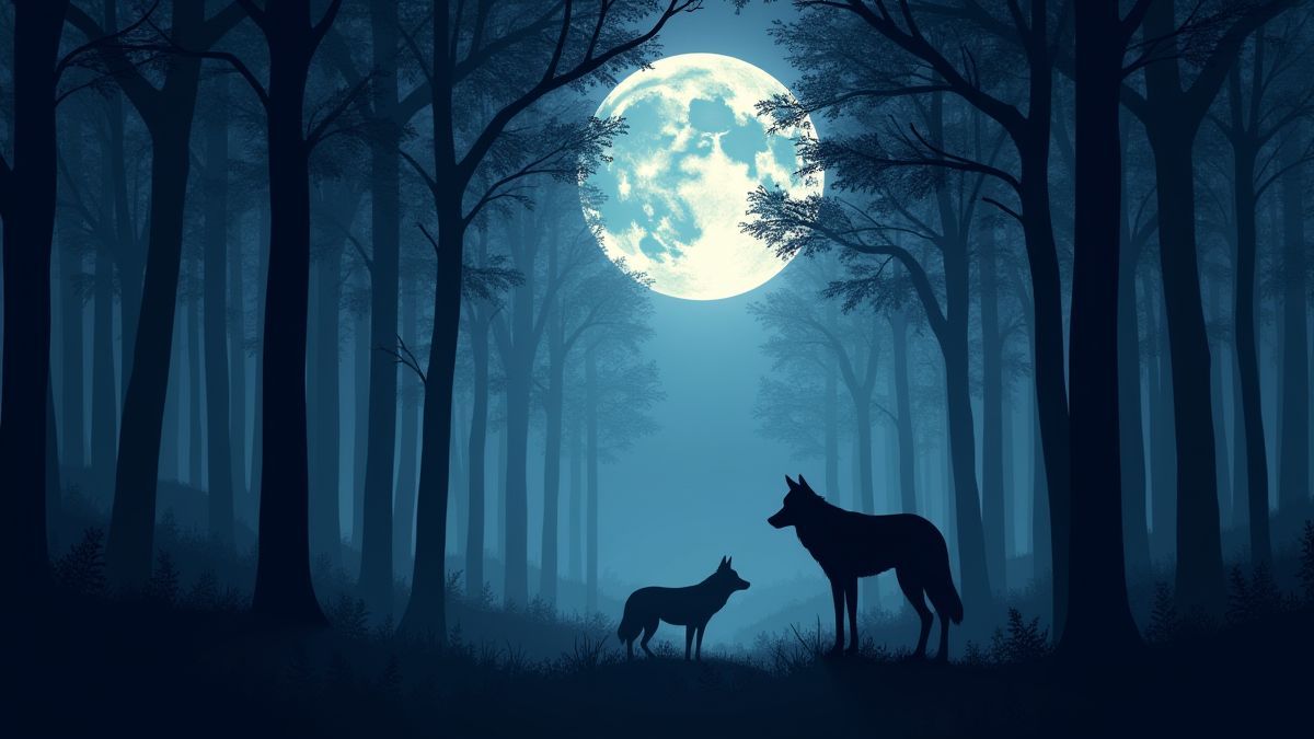 Un bosque oscuro iluminado por la luna con siluetas de lobos.