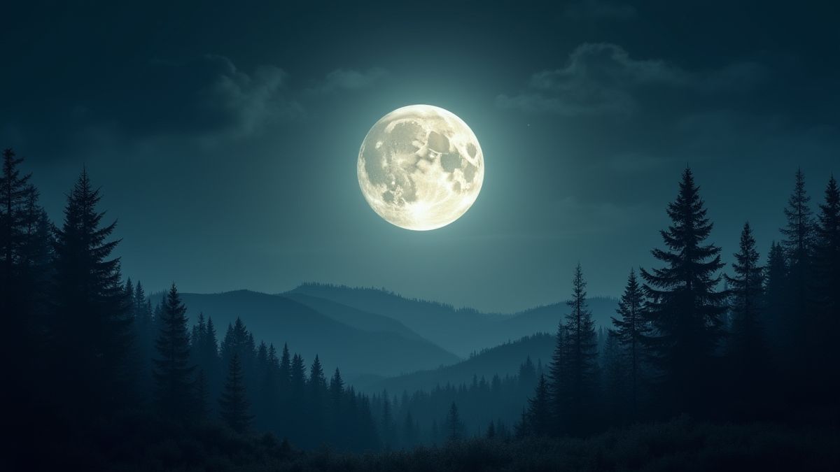 La luna llena iluminando un paisaje de bosque.