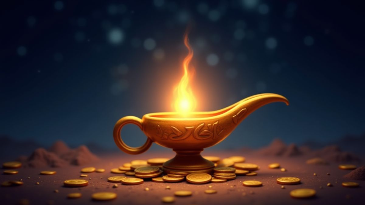 Magical lamp surrounded by golden coins under a starry sky.