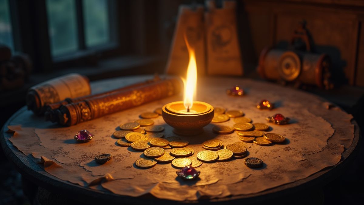 Table with golden coins, glowing lamp, and mysterious scrolls.