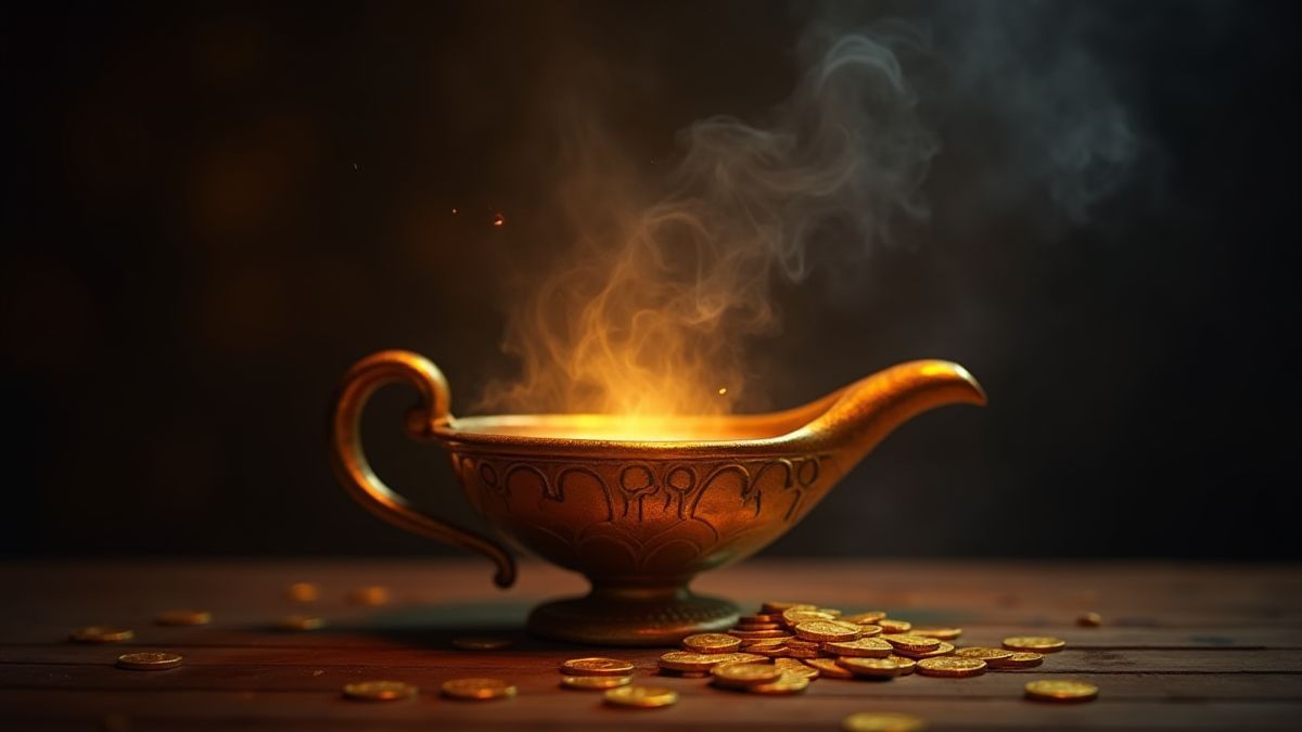 Leuchtende magische Lampe in einem schwach beleuchteten Raum mit goldenen Münzen, die herausfallen.