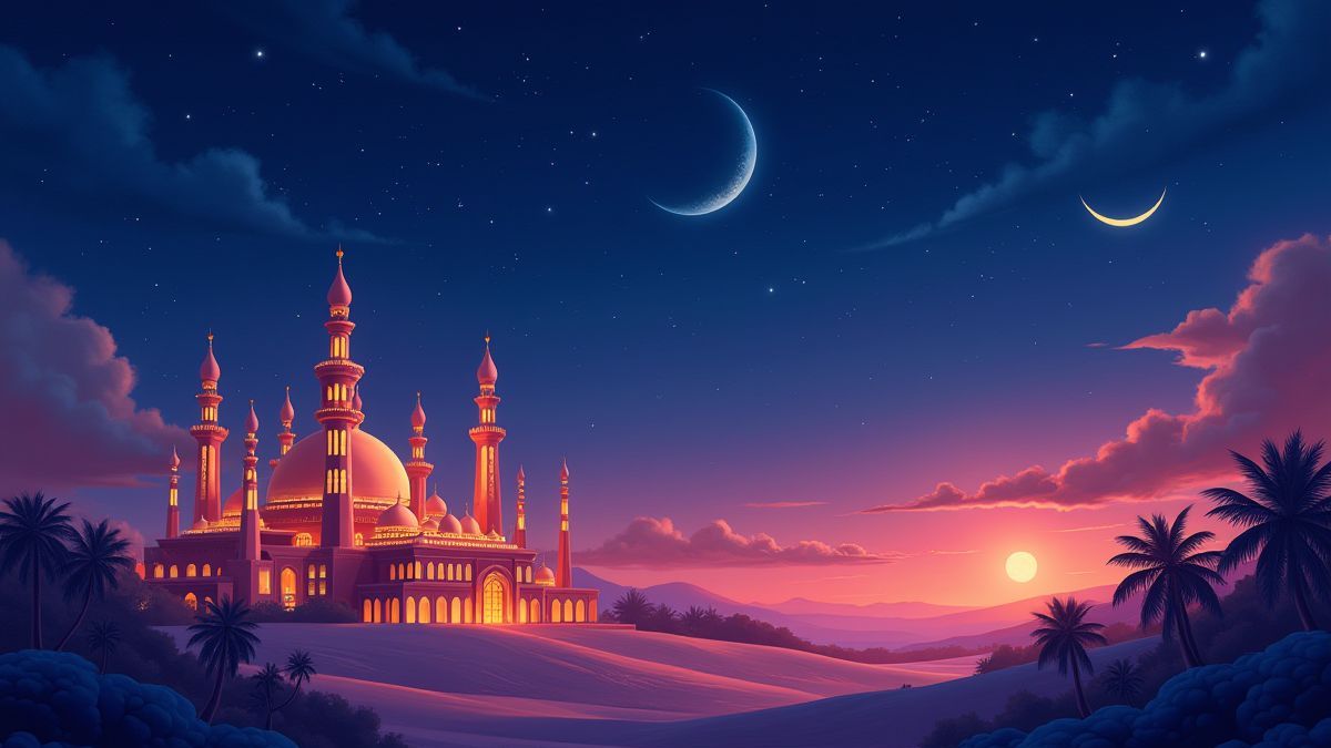 Arabische Nachtszene mit einem leuchtenden Palast und sternenklarem Himmel.