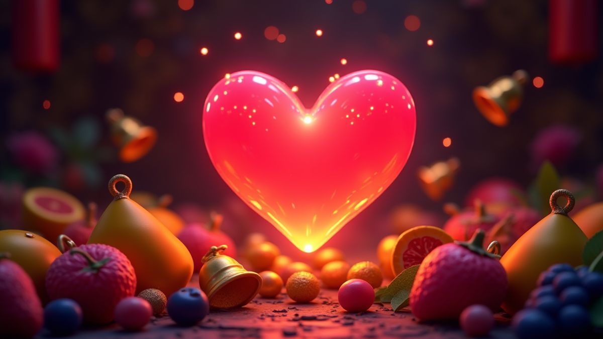 Corazón brillante rodeado de campanas doradas y frutas coloridas.