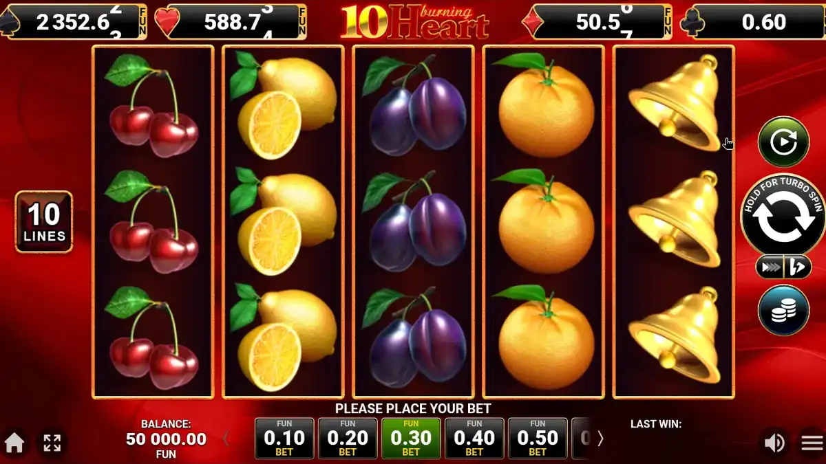 Pantalla del juego base de la tragamonedas 10 Burning Heart