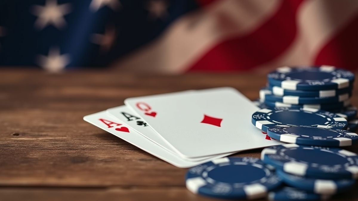 Cartas de poker y fichas sobre una mesa con la bandera de Estados Unidos.