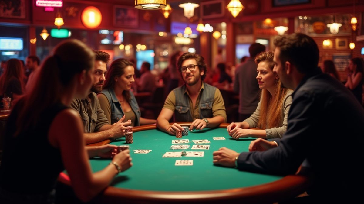 Mesa de poker animada en un bar americano lleno de vida.