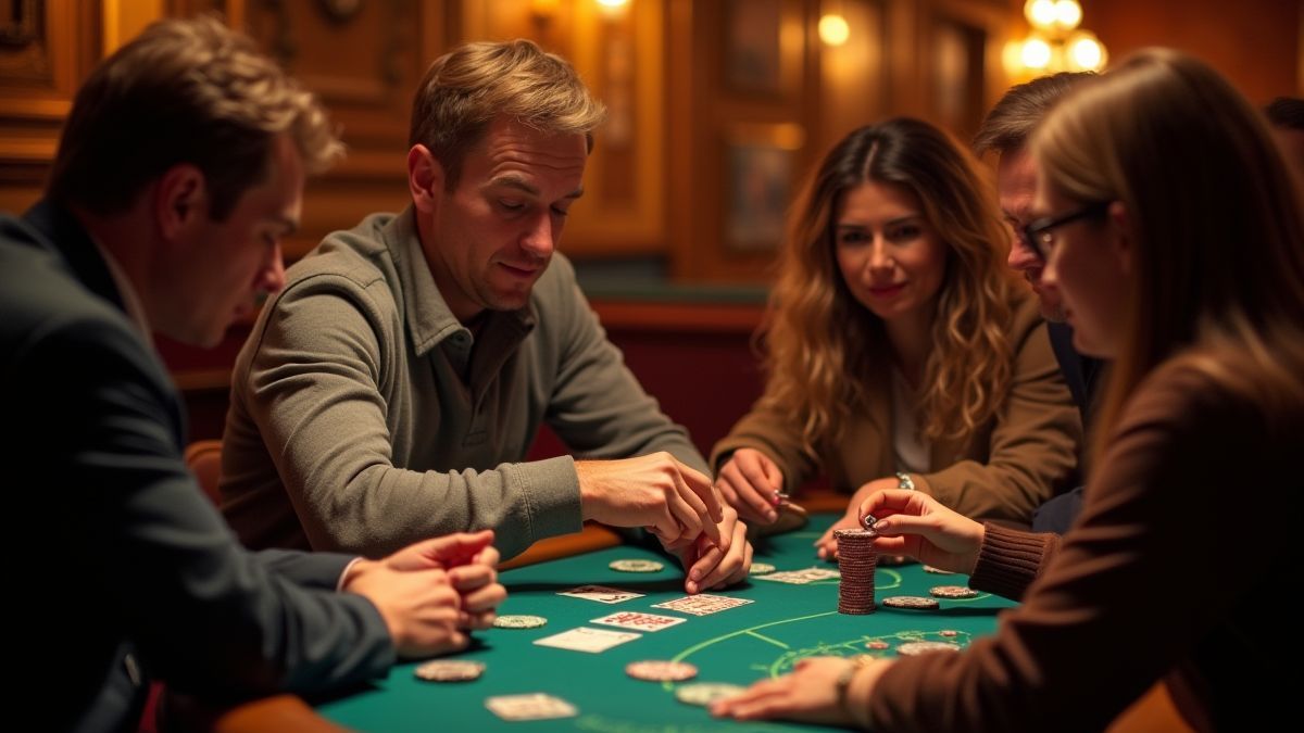 Ambiente acogedor de casino con jugadores disfrutando de juegos de cartas.