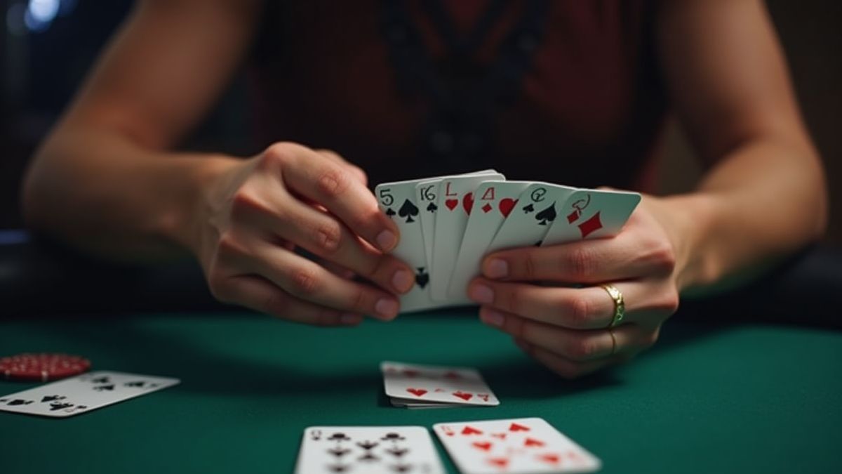Speler die nadenkt over zijn strategie met pokerkaarten in de hand.