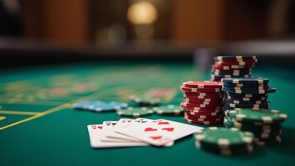 Casino table with poker chips and cards scattered.