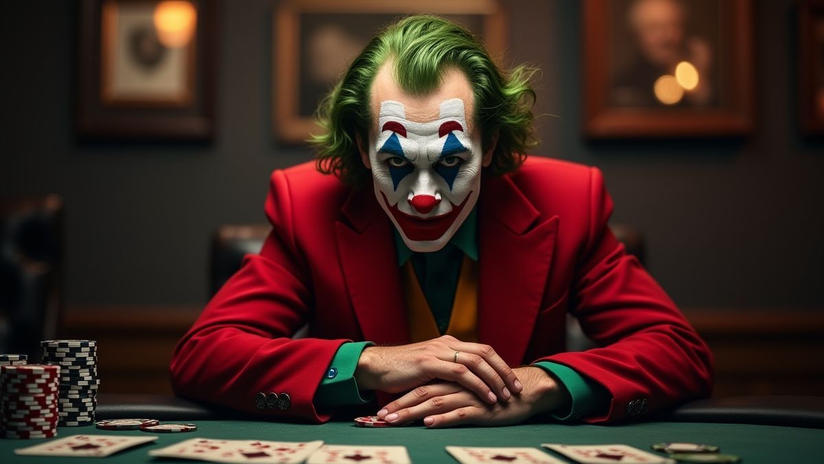 A joker sitting at a poker table surrounded by coins and chips.