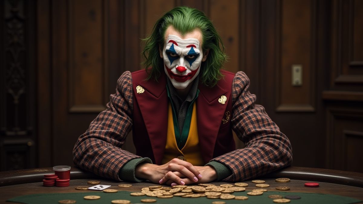 Um joker medieval sentado em uma mesa de pôquer com cartas e moedas.
