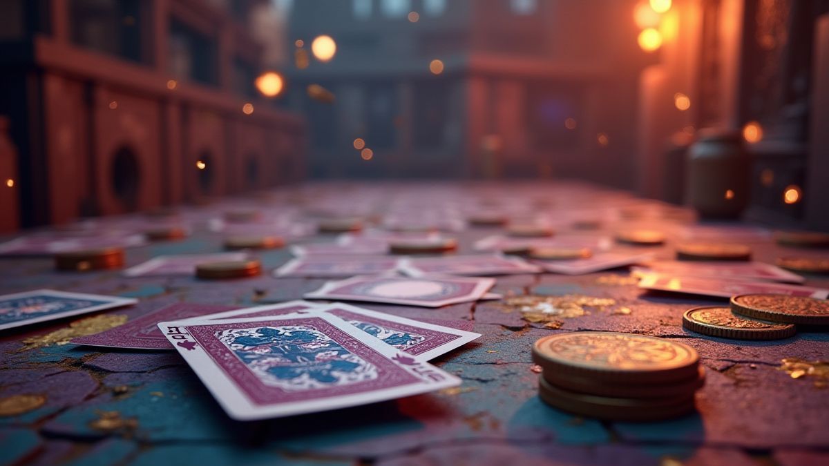 Fundo medieval com cartas e moedas brilhantes.