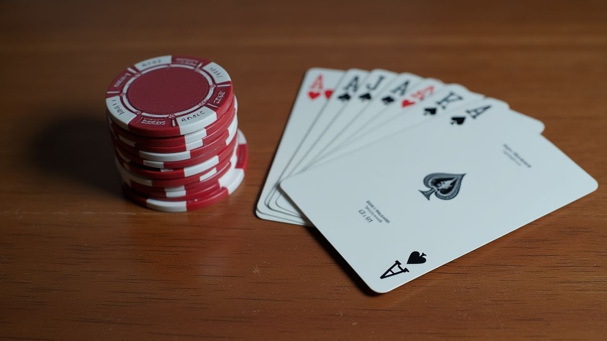 Fichas de pôquer e cartas sobre uma mesa de madeira.