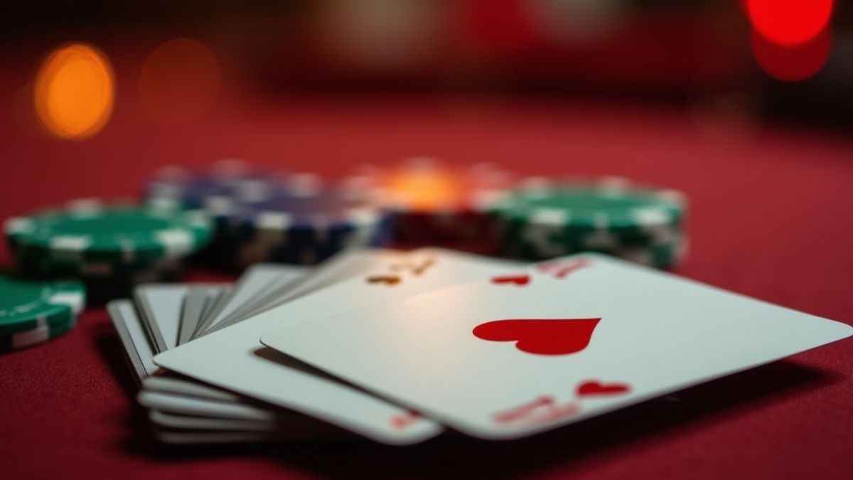 Cartas de pôker e fichas em um cassino elegante.