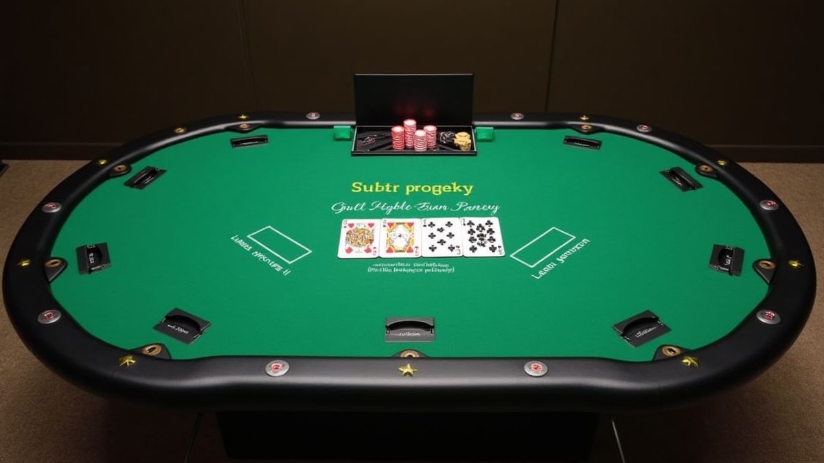 Mesa de pôker elegante com cartas e fichas.