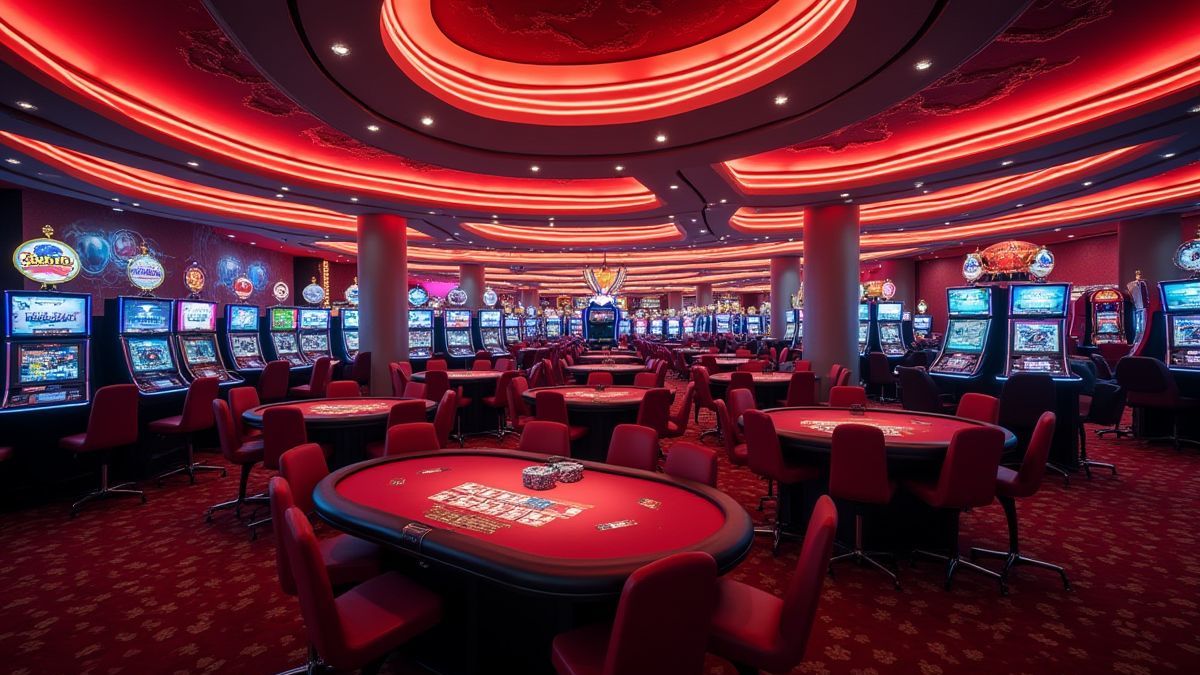 Interior de cassino estilo Las Vegas com mesas de pôker.