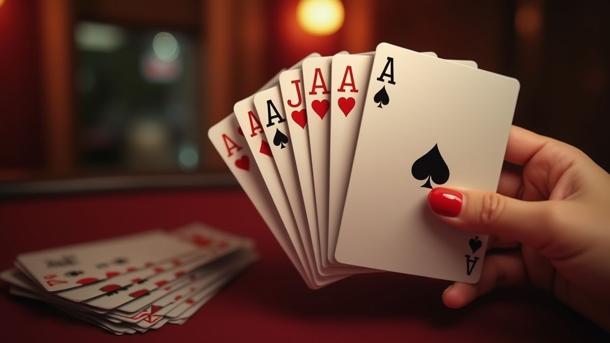 Mano de póker con ases y cartas de cara en un casino elegante.