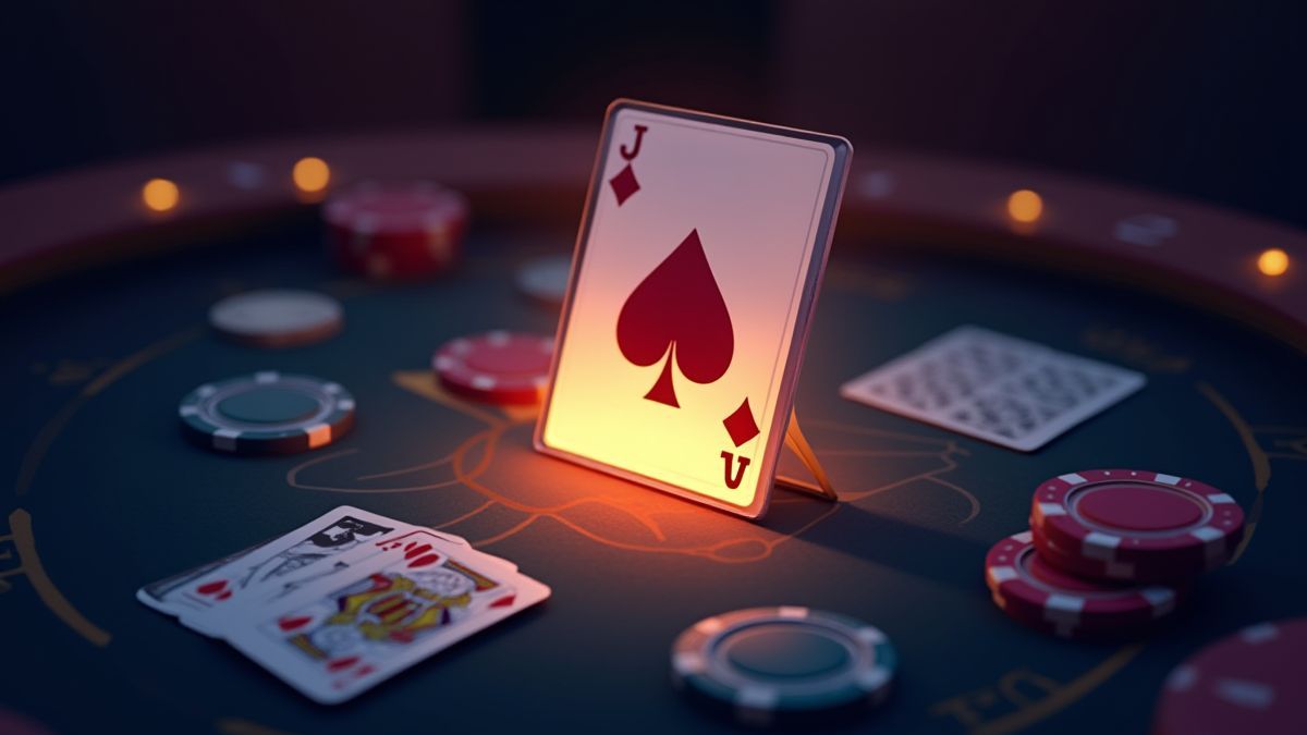 Carta de comodín brillando en una mesa de póker con fichas y cartas.