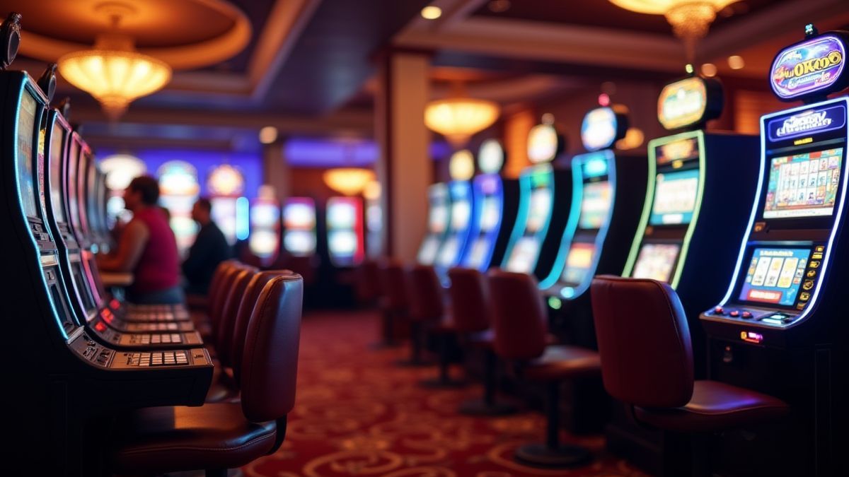 Jugadores disfrutando de máquinas de video póker en un casino acogedor.