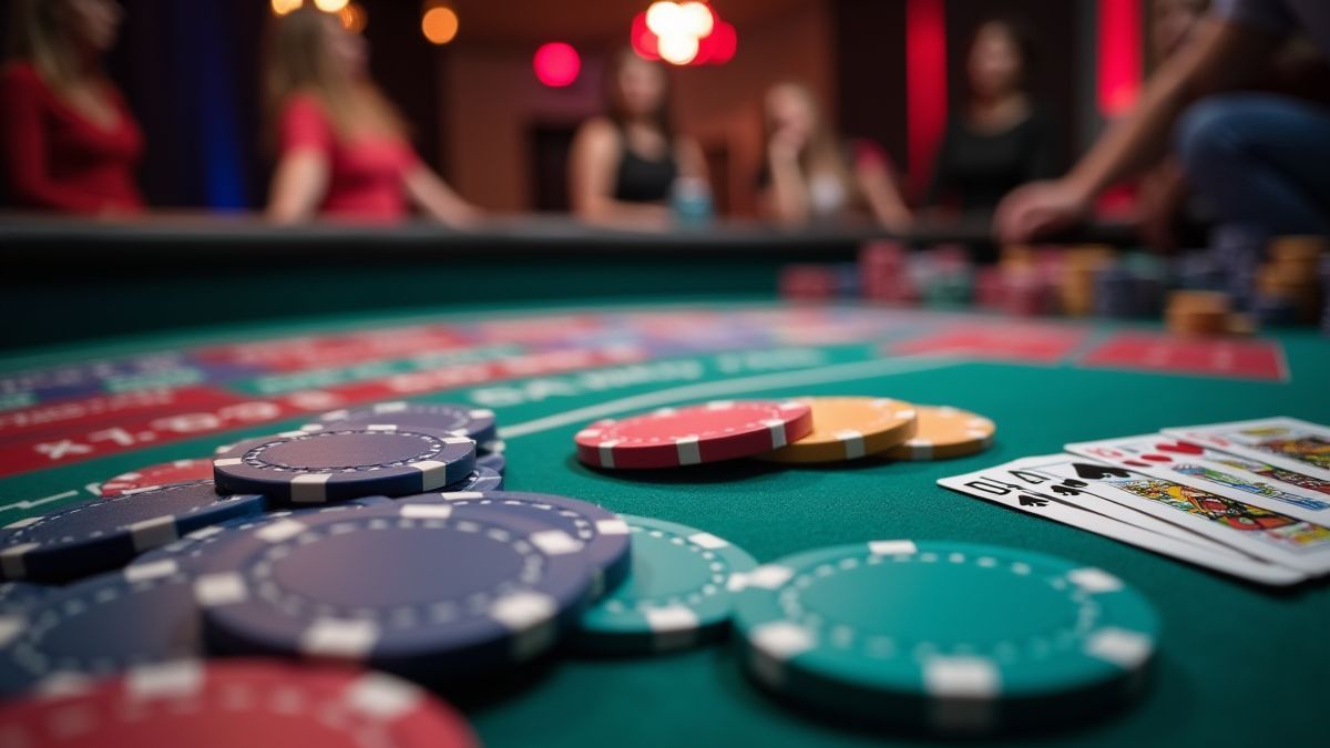 Mesa de cassino com fichas de pôquer e cartas.