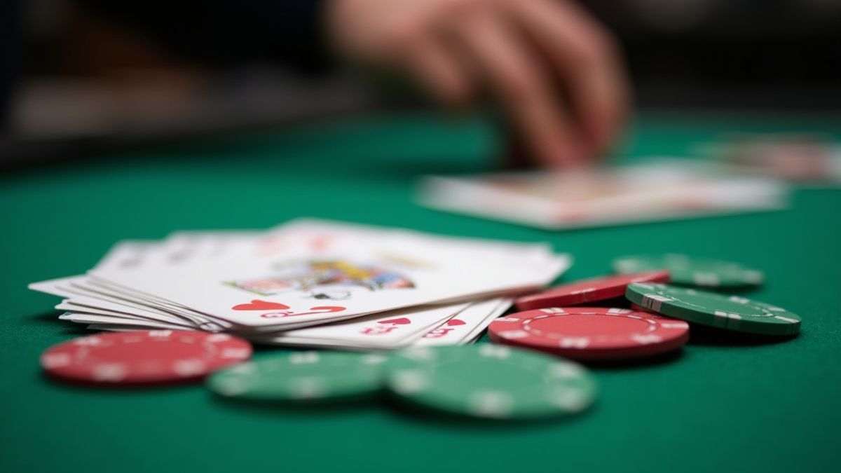 Cartas de pôker e fichas sobre uma mesa verde.