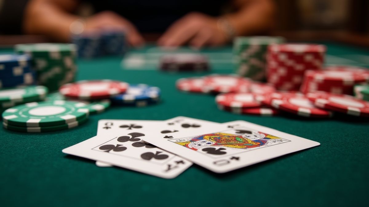 Mesa de pôker com fichas e cartas, incluindo um curinga.