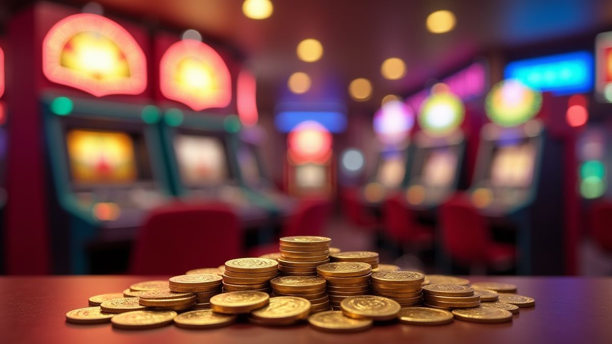Des pièces à côté d'une machine à sous tournant dans un casino rétro.
