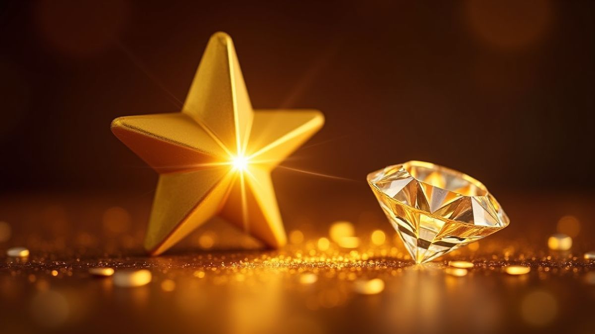 Gouden ster en schitterende diamant op een casino achtergrond.