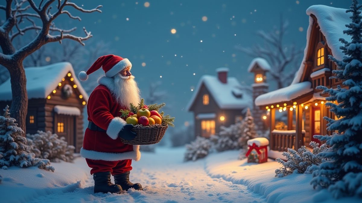 Un village de Noël avec des lumières et Santa Claus avec des fruits.