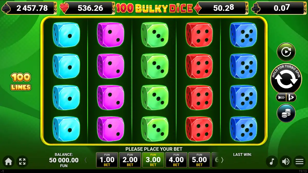 Pantalla del juego base de 100 Bulky Dice