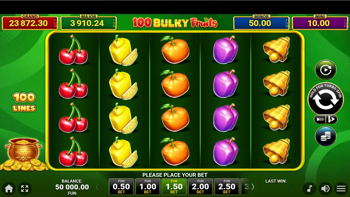 Pantalla del juego base de 100 Bulky Fruits Golden Coins Link