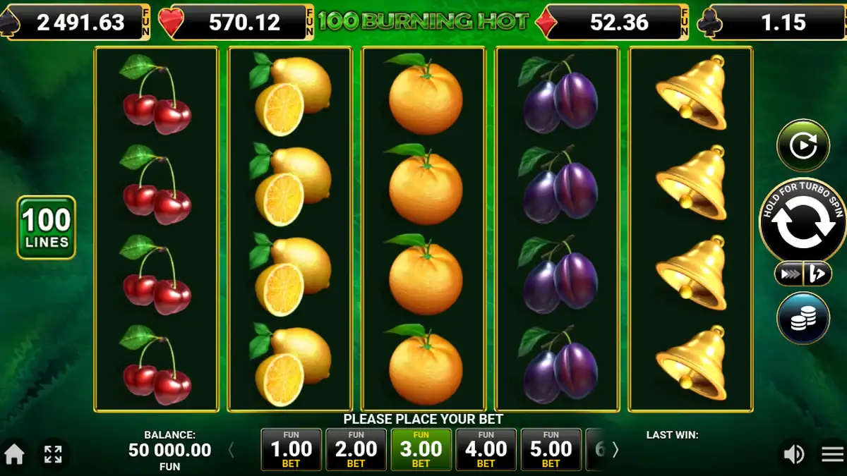 Ecrã do jogo base do slot 100 Burning Hot