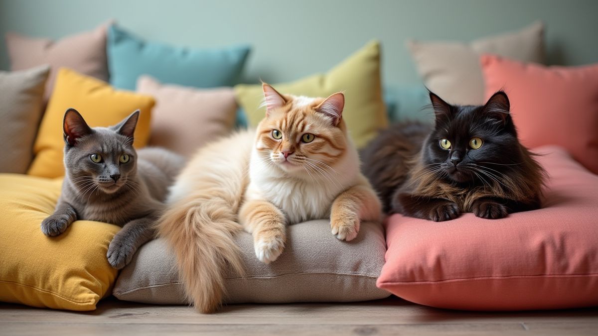 Cats of different breeds resting on colorful cushions.