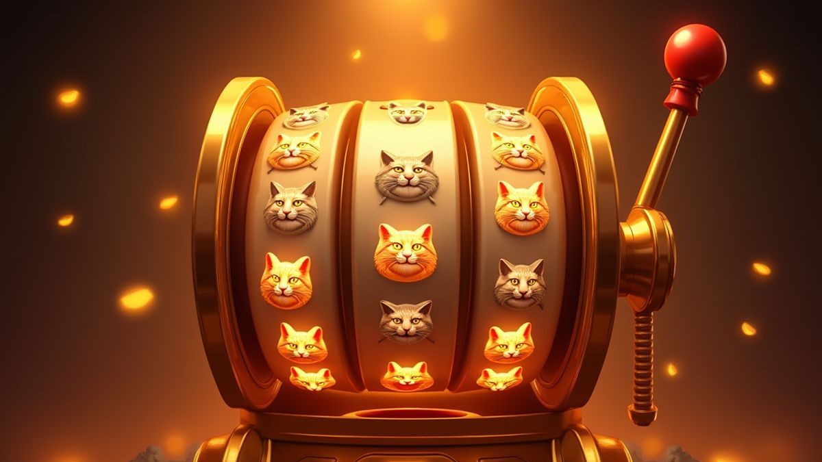 Slot reels spinning with cat symbols illuminated by golden lights.