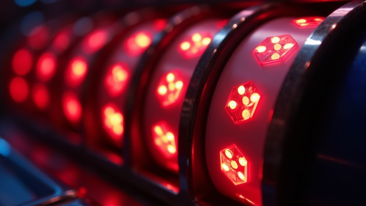 Gros plan d'une machine à sous avec des symboles de dés illuminés