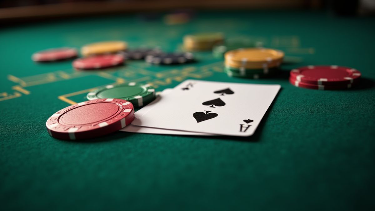 Pokerchips und Karten auf einem grünen Casino-Tisch.