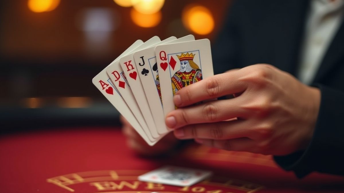 Ein Spieler mit einem Royal Flush in einer Casino-Umgebung.