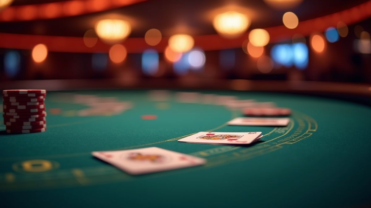Animierter Pokertisch mit Karten und Chips unter hellen Casino-Lichtern.