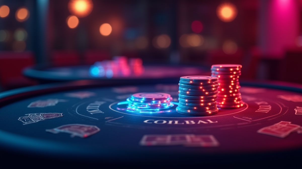 Digitales Casino mit leuchtenden Pokertischen und Chips.