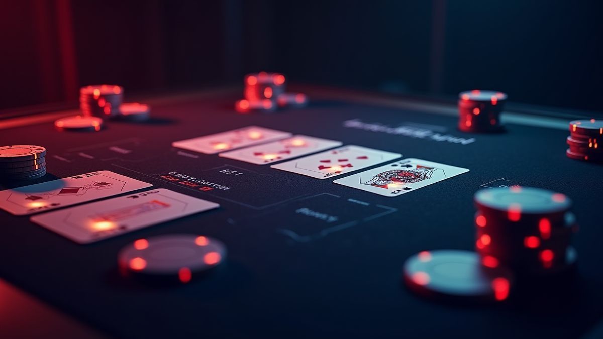 Futuristische Pokeroberfläche mit leuchtenden Karten und Chips.