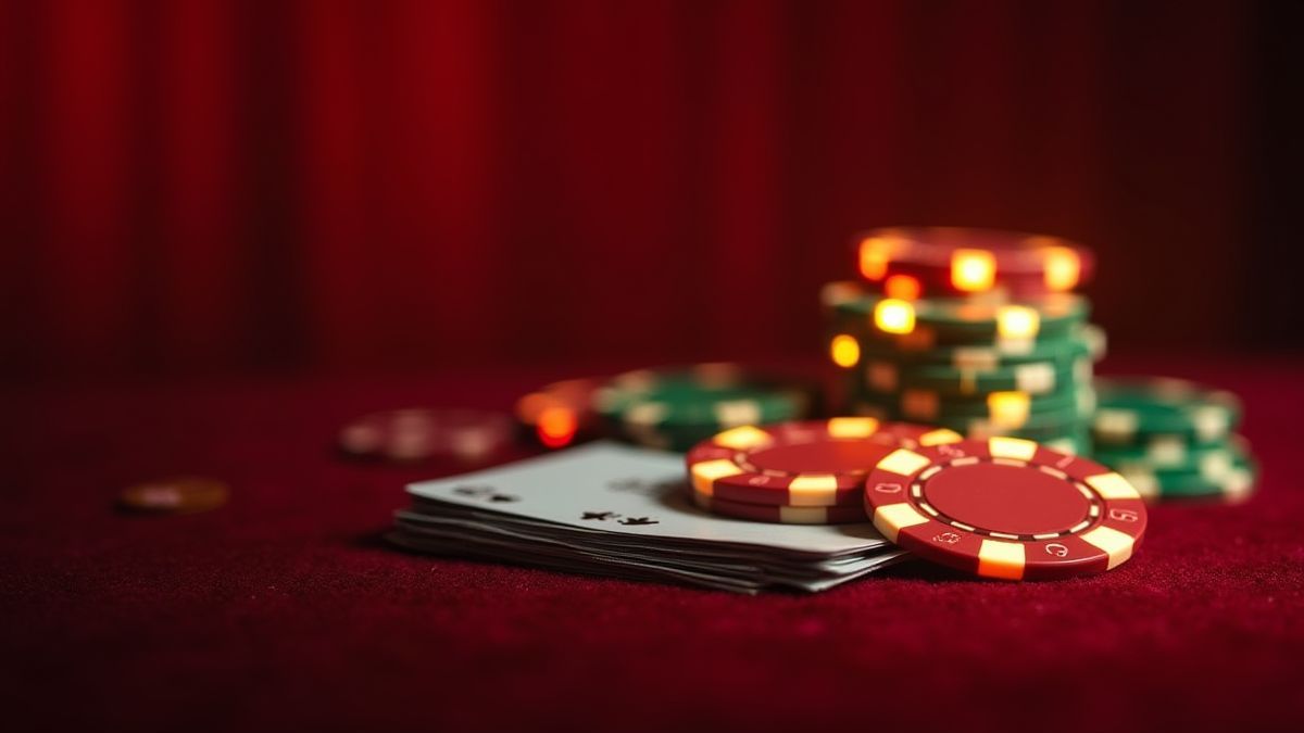 Leuchtende Casino-Chips und Karten auf einem Samttisch.