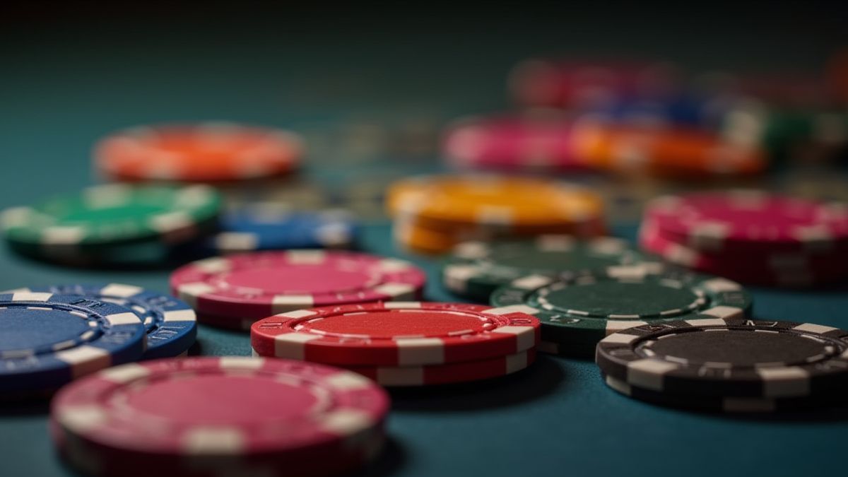 Bunte Casino-Chips auf einem Wett-Tisch.