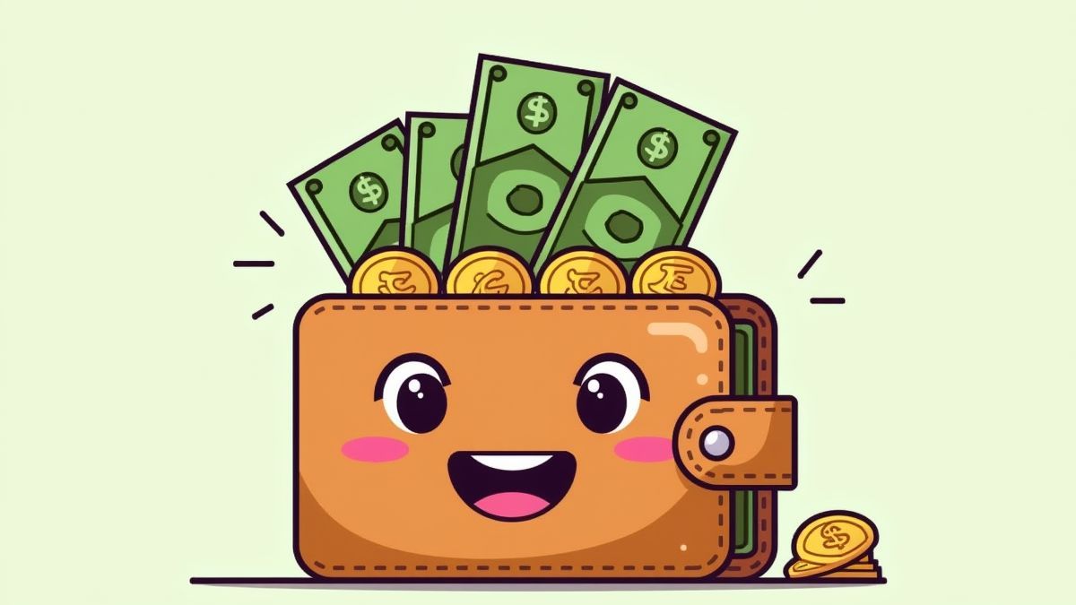 Animierte Brieftasche voller Bargeld und Münzen, symbolisierend das Budgetmanagement.