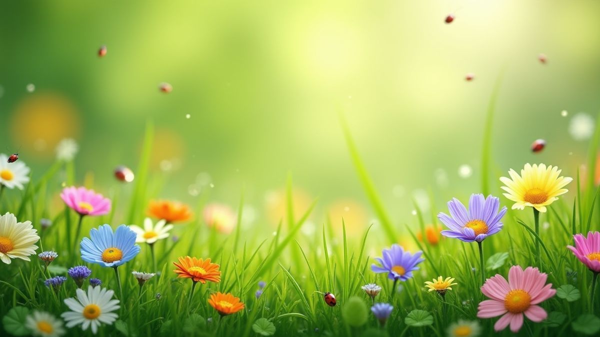 Eine grüne Wiese voller Wildblumen und fliegenden Marienkäfern.