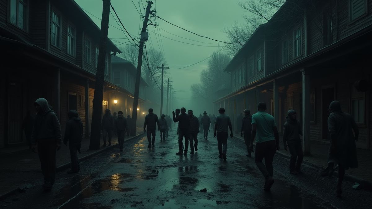 Un pueblo oscuro invadido por zombis y supervivientes luchando.