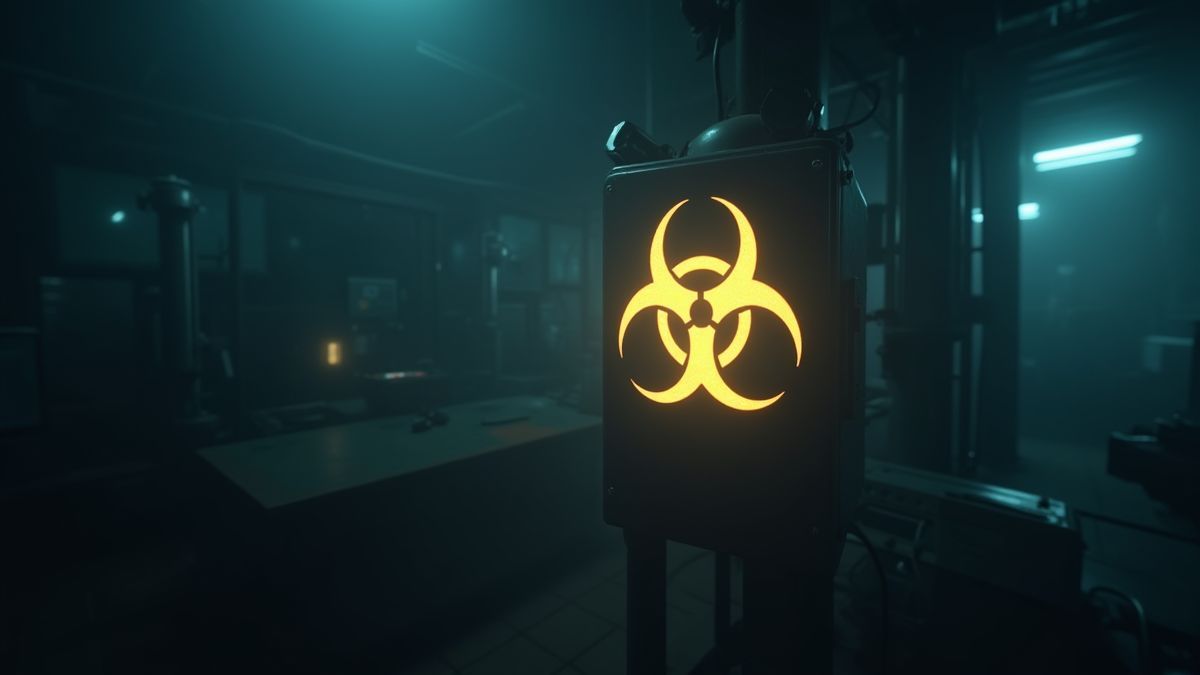 Símbolo de biohazard brillante en un laboratorio oscuro.