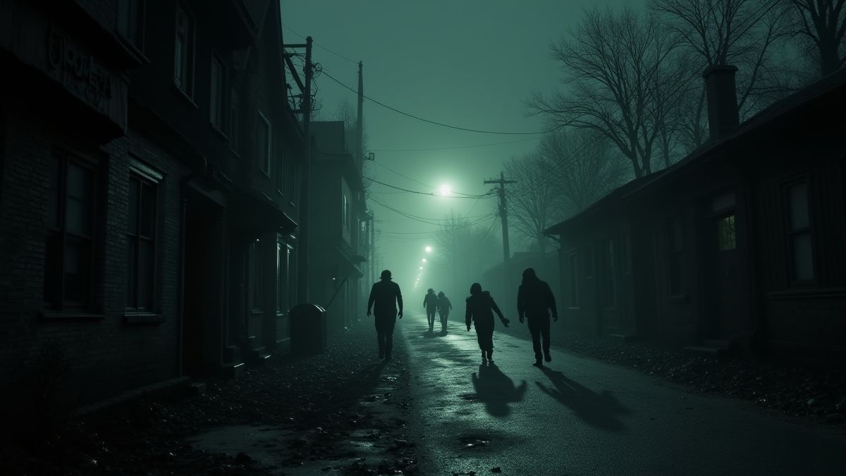 Una calle postapocalíptica oscura con sombras de zombis.