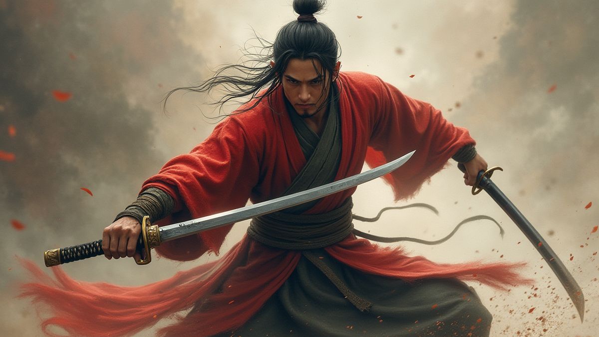 Asian hero with sword in battle pose.