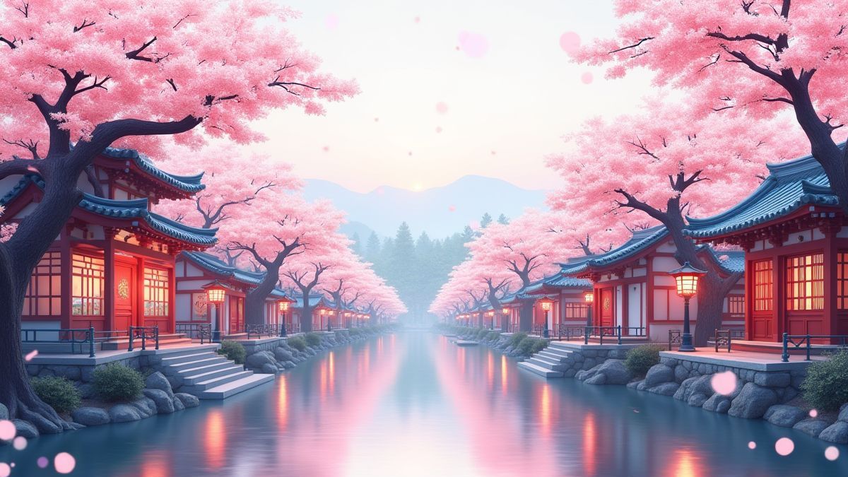 Asian cultural landscape with cherry blossoms and traditional buildings.